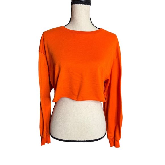Shein Sweater Womens Small Orange Crewneck Pullover Cropped Sweatshirt Cutoff - Picture 2 of 6